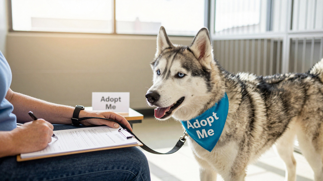 Husky dog wearing a blue "Adopt Me" bandana standing next to a person filling out a form on a clipboard.