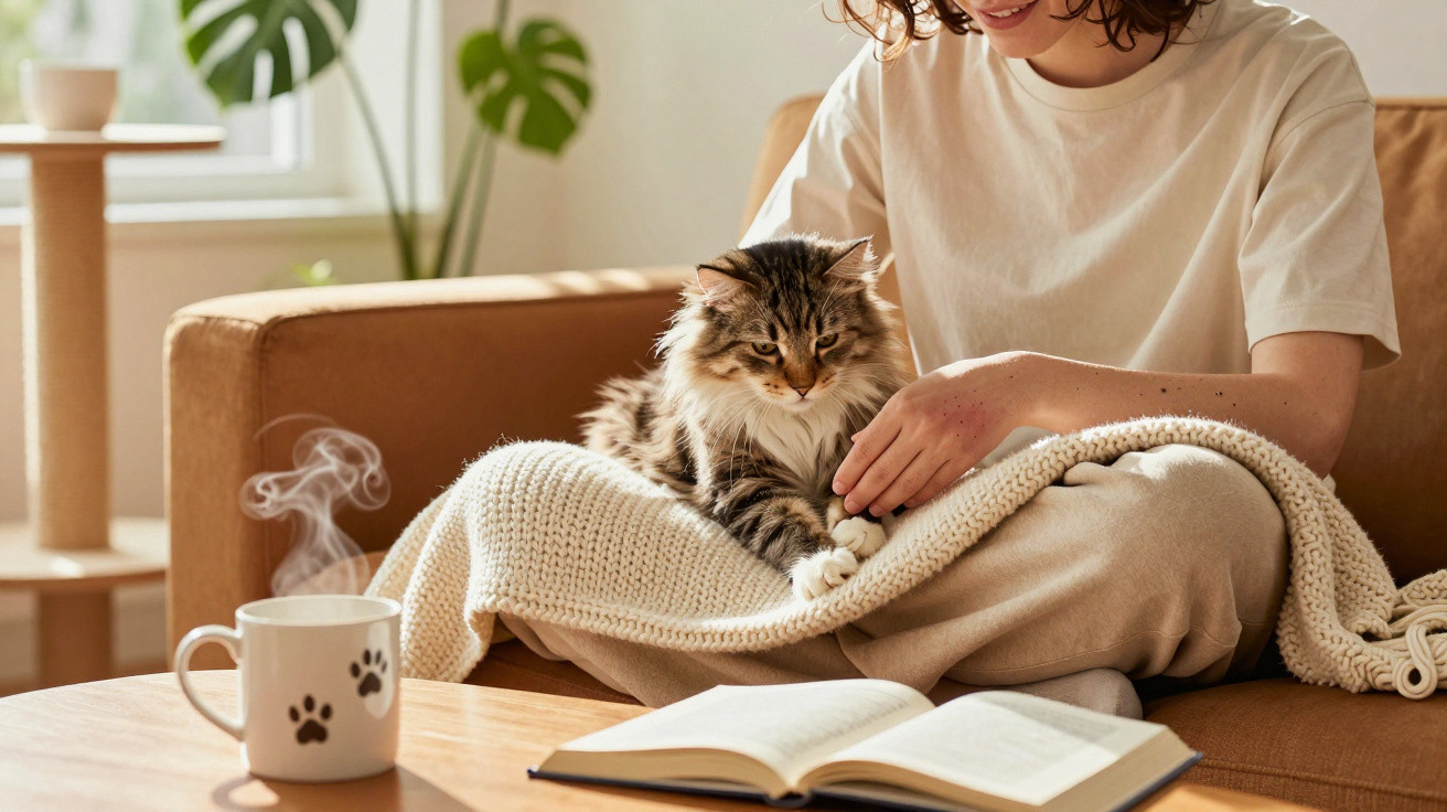Person sitting on a sofa petting a tabby cat, with a steaming cup and open book on a table nearby.