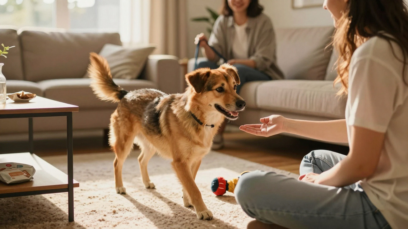 Woman sitting on floor offering hand to friendly dog in living room with another woman on sofa in background