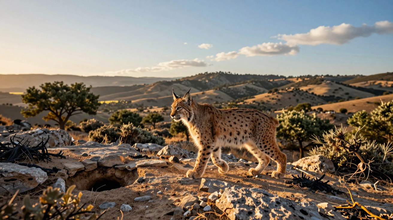 Eurasian lynx walking on rocky terrain with shrubs and hills under a clear sky at golden hour.