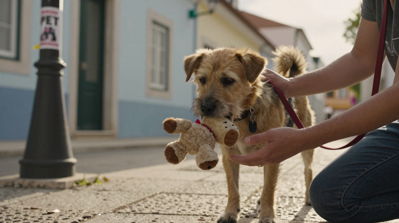 A small brown dog holding a plush toy in its mouth while a person kneels beside it on a street.