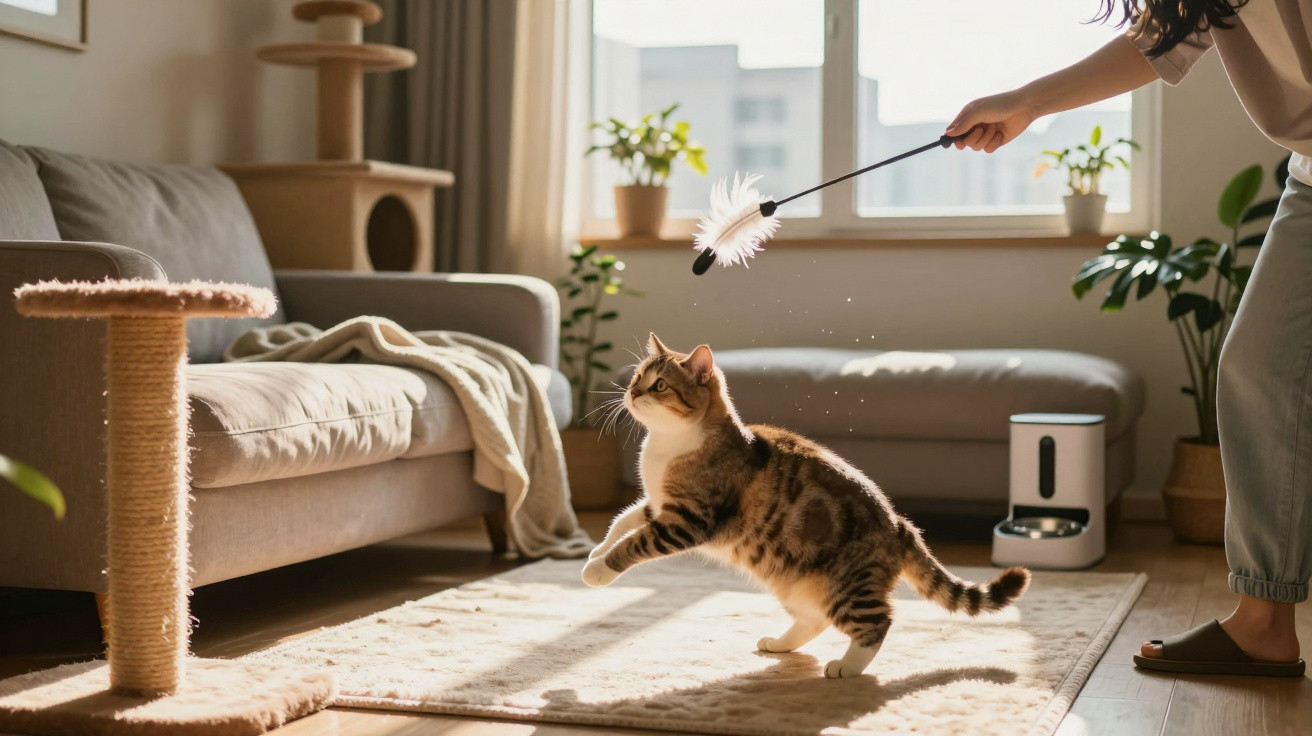 Tabby cat playing with feather toy in a sunlit living room with sofa and cat scratching post.