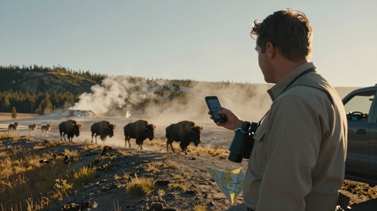 Man holding a map and phone, observing bison and wolves near a steaming landscape at sunset.