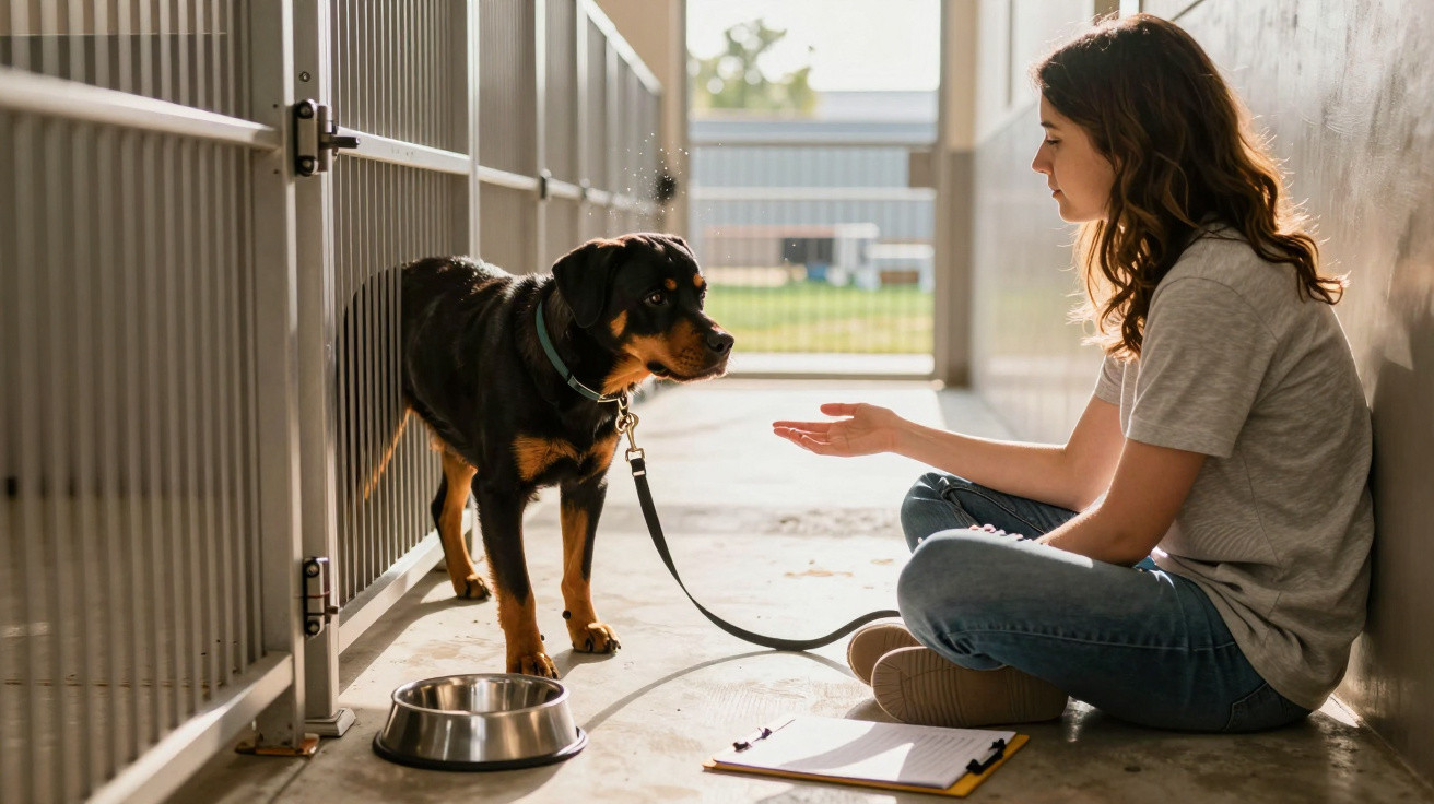 Young woman sitting on the floor reaching out to a Rottweiler dog at an animal shelter kennel.