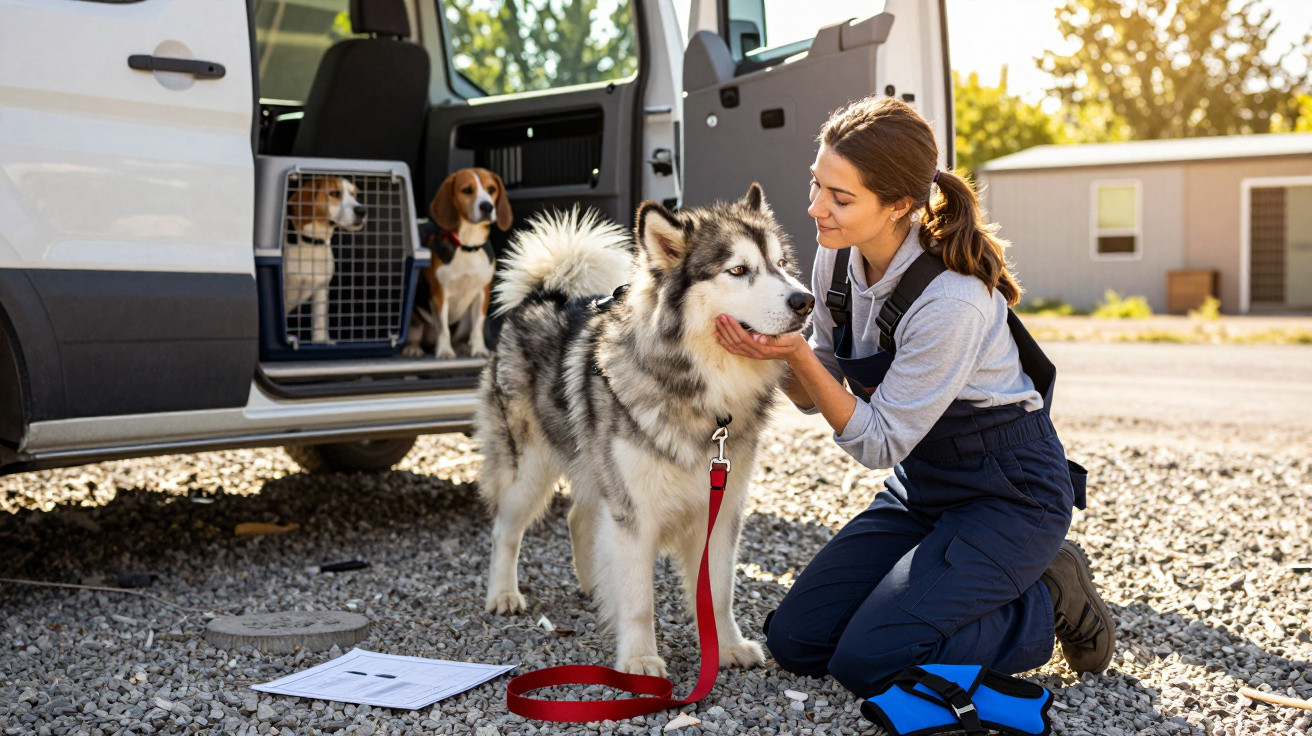 A woman kneeling on gravel gently holding a large fluffy dog on a red leash beside a van with two beagles inside.