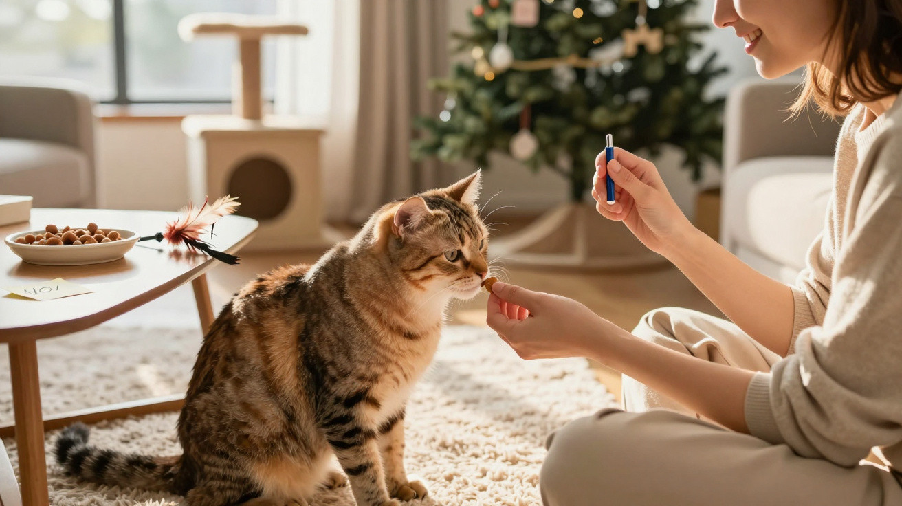 Woman feeding a tabby cat a treat while holding a pet medication syringe in a cosy living room.