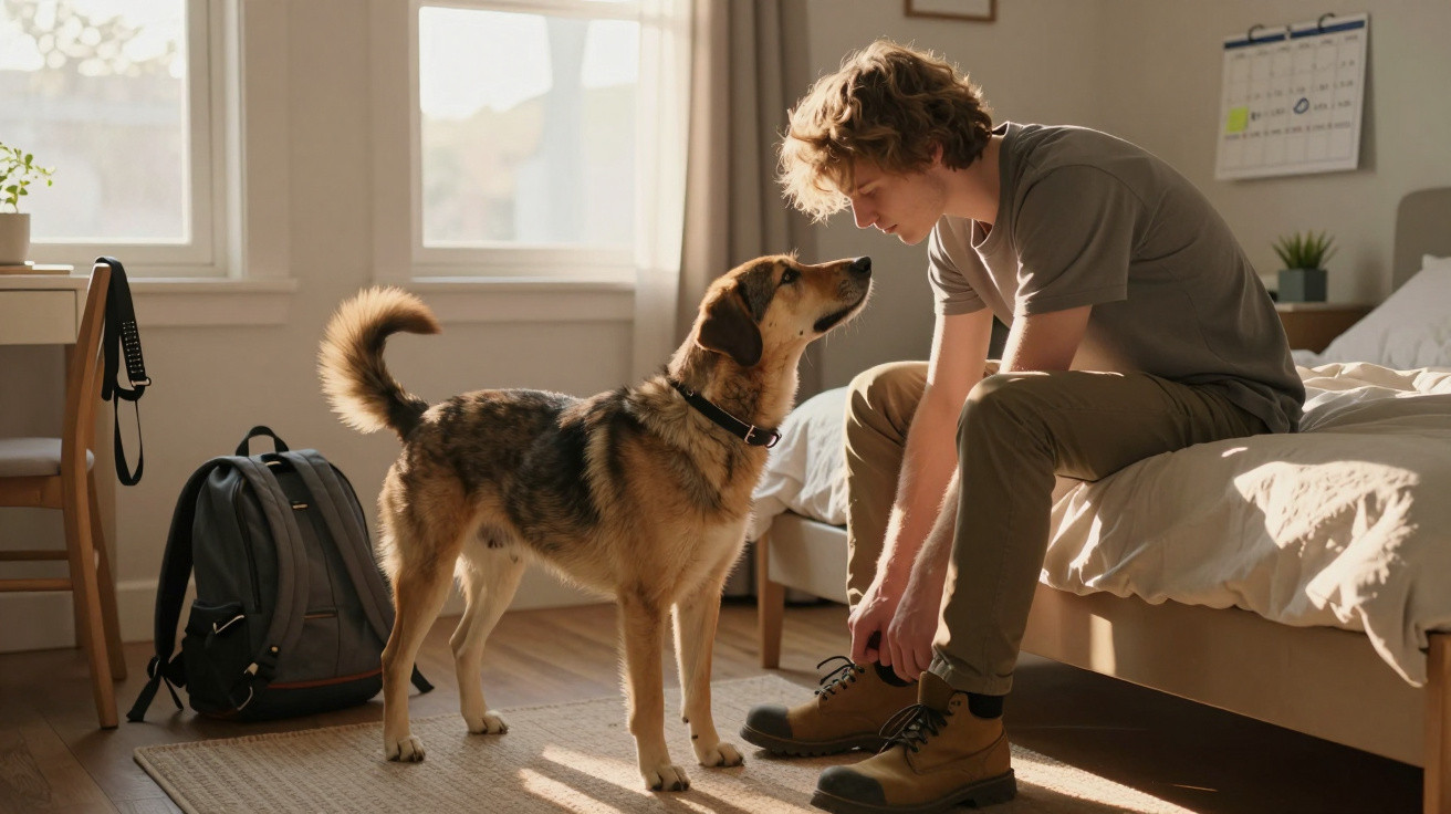 Young man tying shoelaces on bed while a dog looks up at him in a sunlit bedroom.