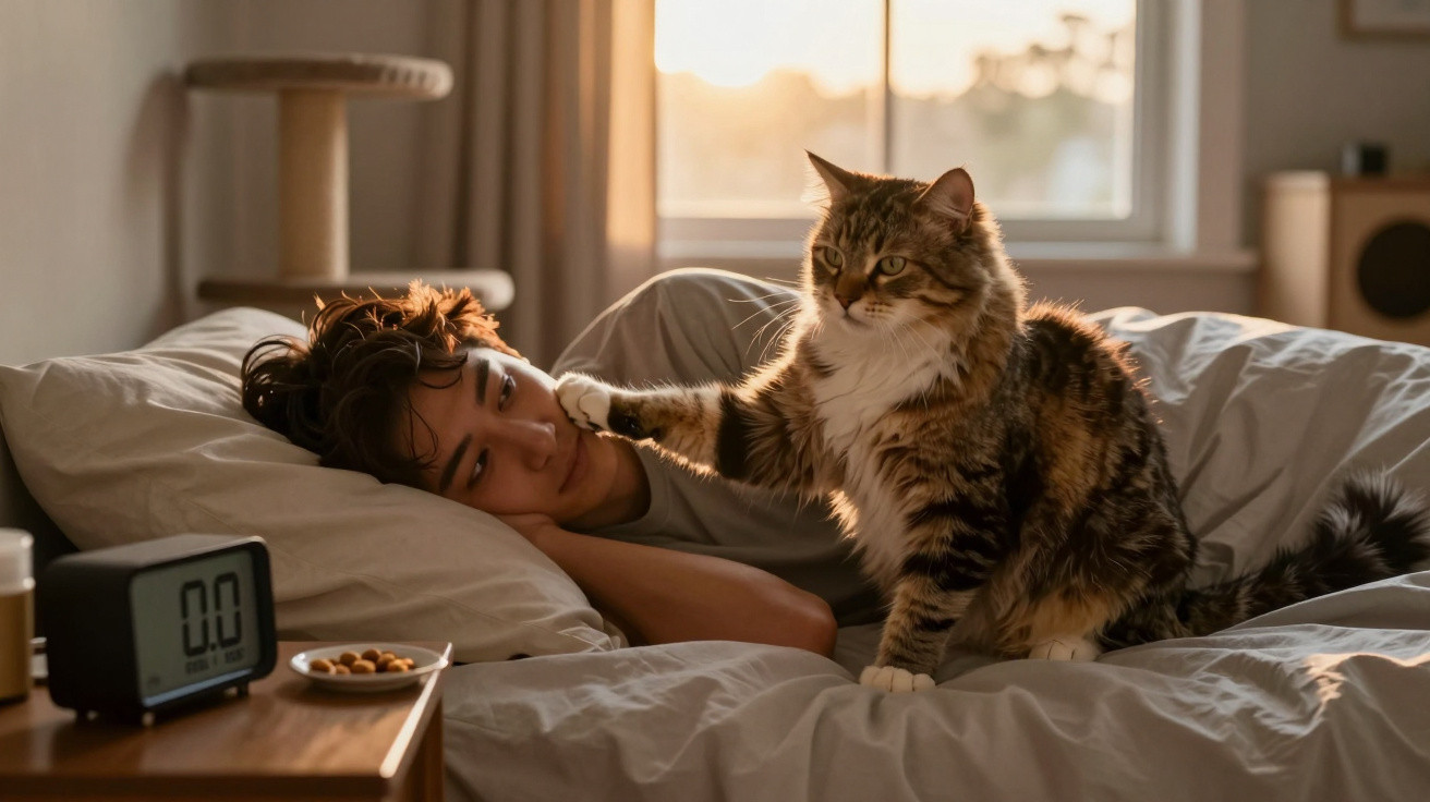 A person lying in bed with a tabby cat gently touching their face in a softly lit bedroom.