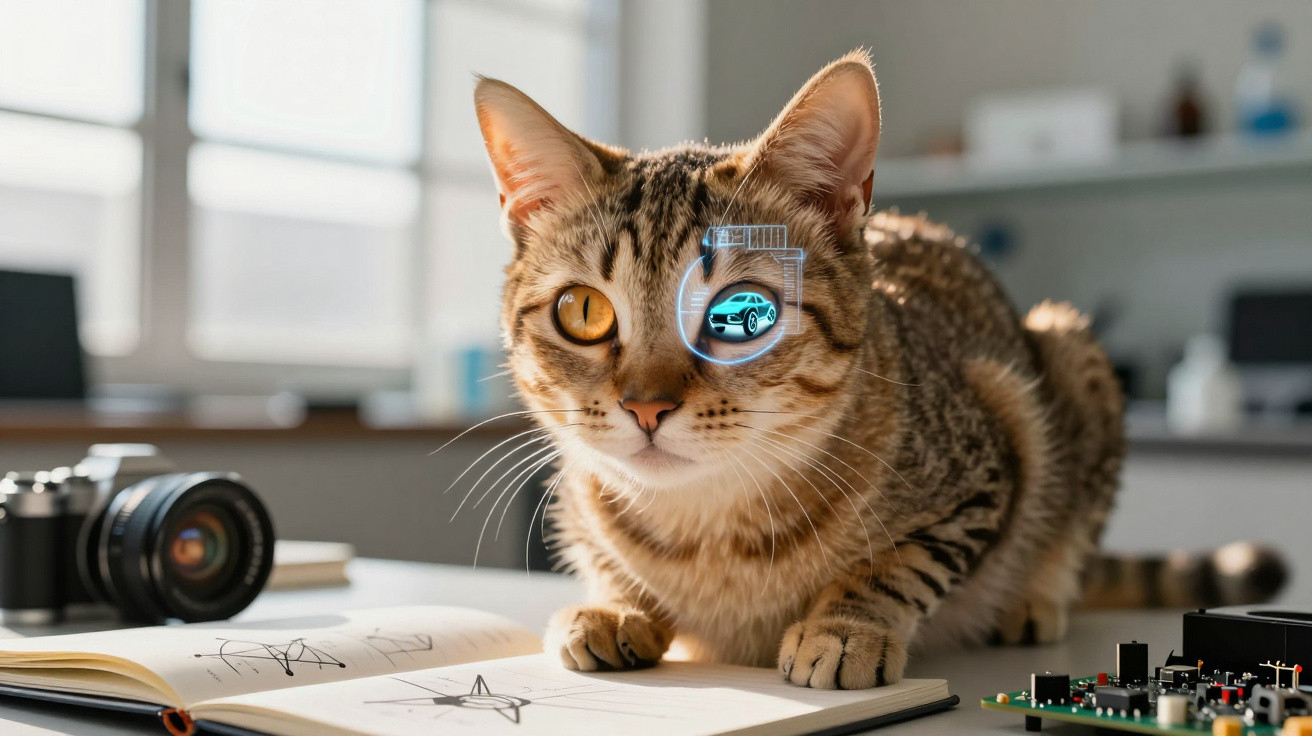Tabby cat lying on an open sketchbook with a digital hologram of a car over one eye on a cluttered desk.