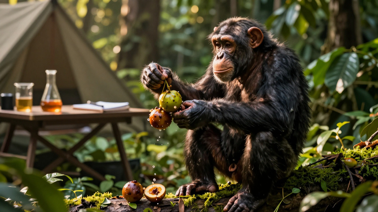 Chimpanzee sitting on mossy log holding and dripping fruit in a forest with camp table in the background.