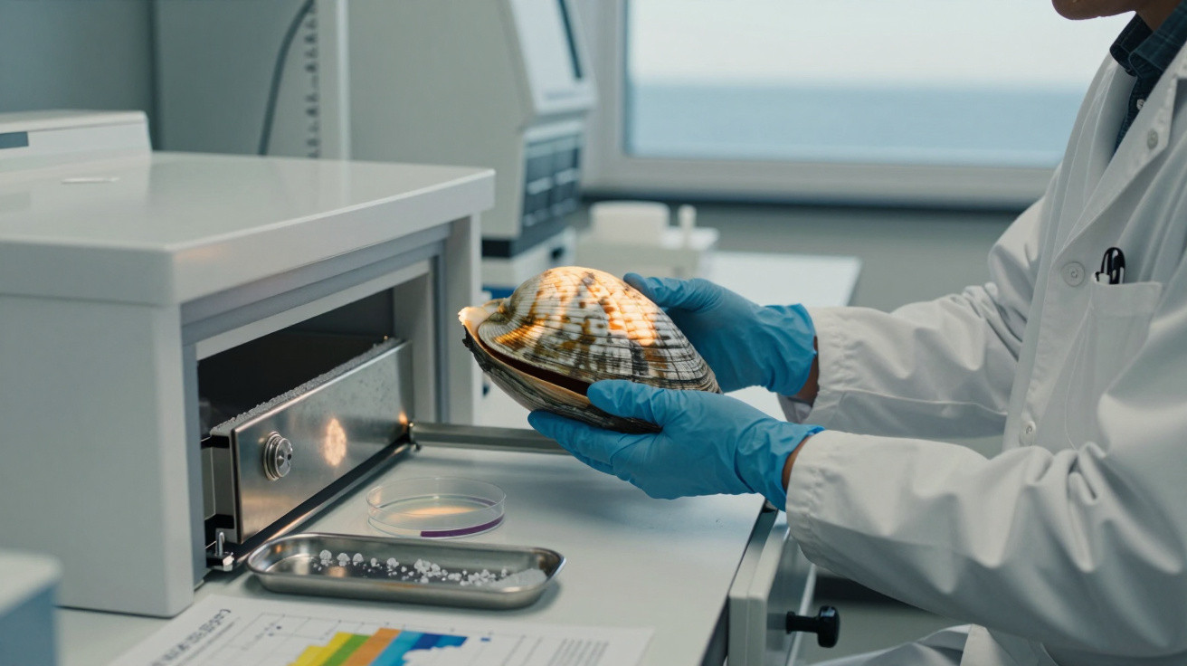 Scientist wearing blue gloves examining a large seashell in a laboratory with scientific equipment nearby.