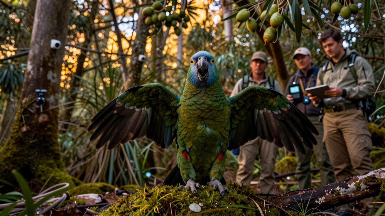 Green parrot with wings spread on mossy branch in forest, with three people observing and recording data nearby.