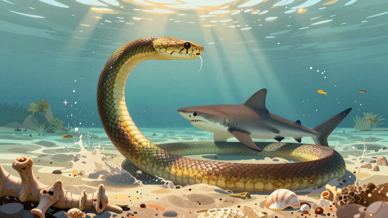 Underwater scene of a large snake coiled with a shark swimming nearby among sea plants and shells.