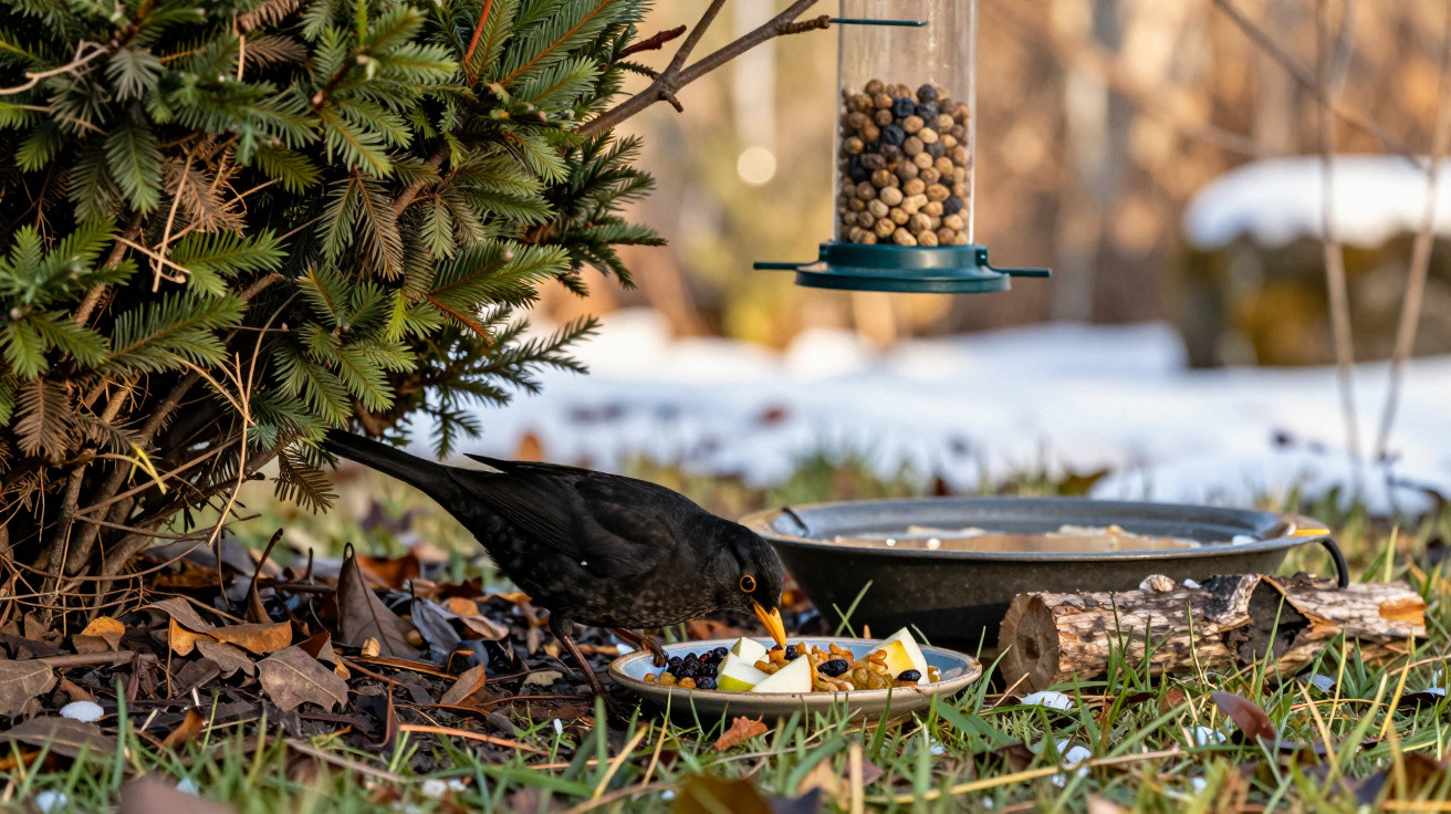 Blackbird eating fruit from a plate on the grass near a bird feeder and evergreen bush in winter.