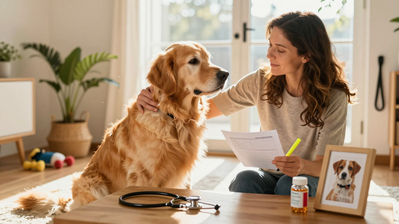 Woman sitting beside golden retriever dog with vet prescription and stethoscope on table in bright room