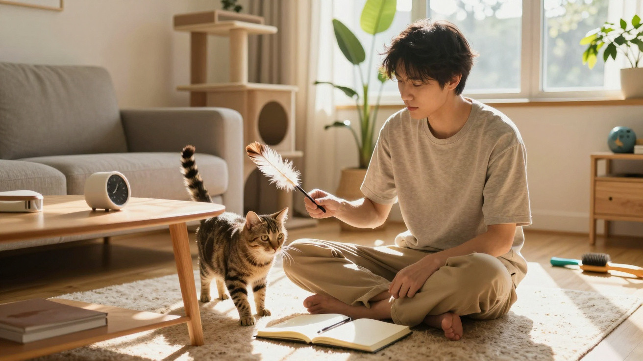 Young man sitting on floor playing with tabby cat using feather toy in bright living room