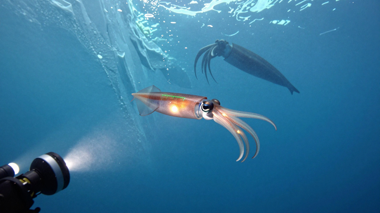 Underwater view of a bioluminescent squid illuminated by a diver's torch in deep blue ocean water.