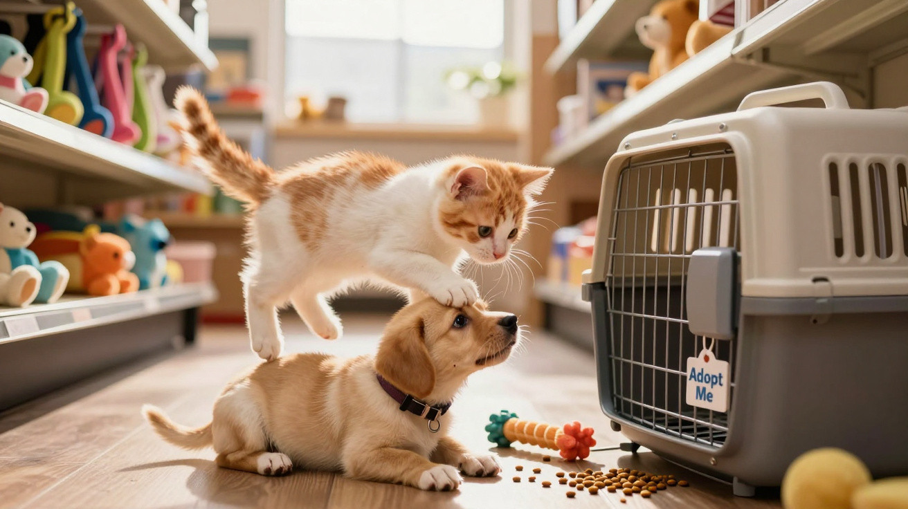 Orange and white kitten standing on a golden puppy's head next to a pet carrier with an Adopt Me tag.