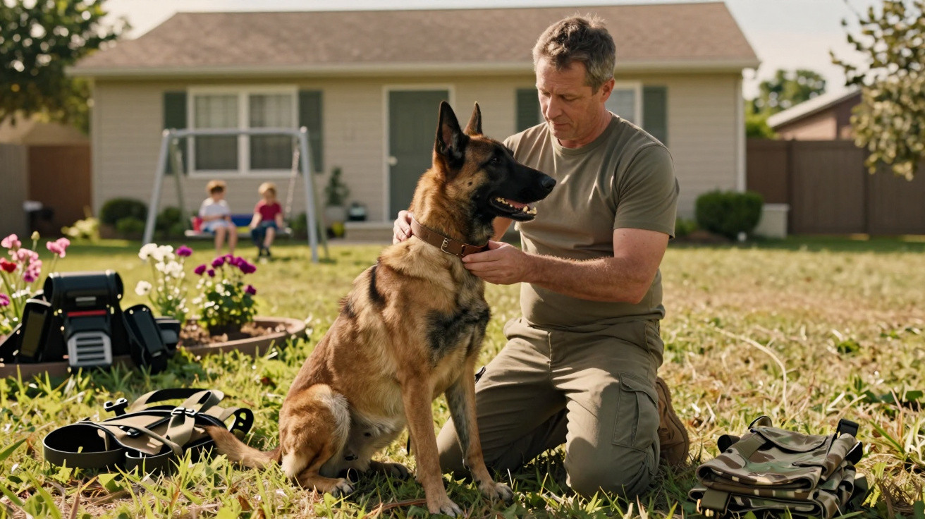 Man kneeling in yard attaching a collar to a German Shepherd dog with toys and children in the background