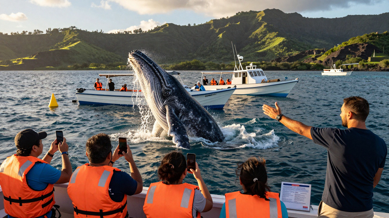 People in life jackets watching and photographing a breaching whale near boats in a scenic bay with hills.