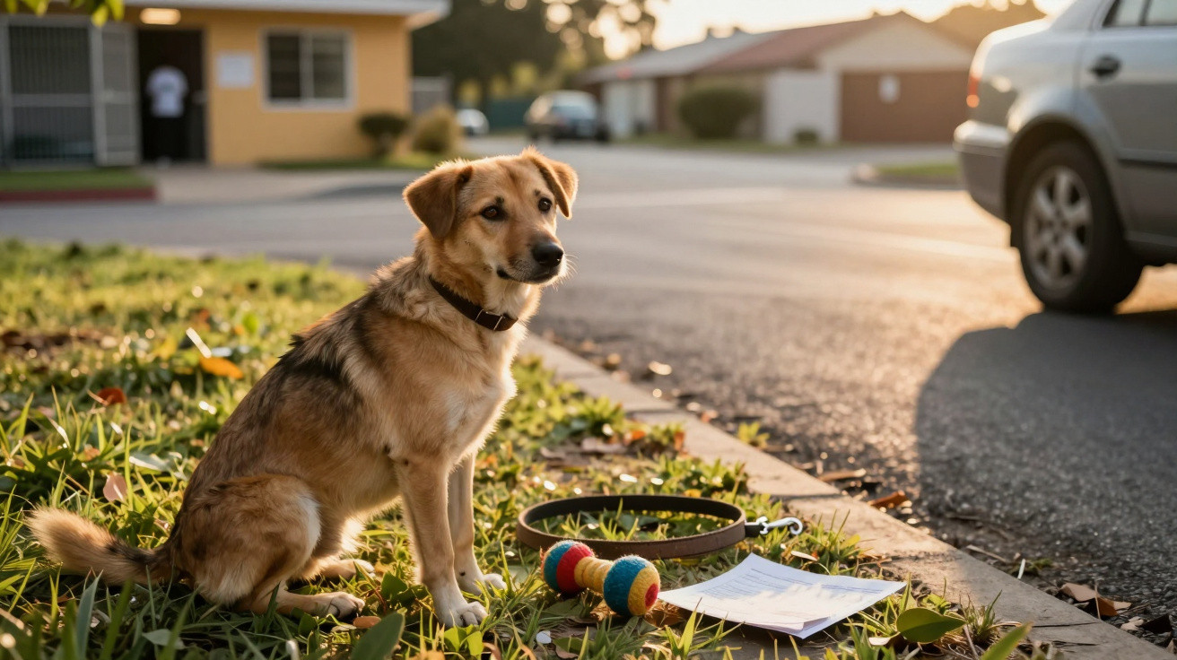 Brown dog sitting on grass by road with collar, toys, and papers nearby in a residential area at sunset.