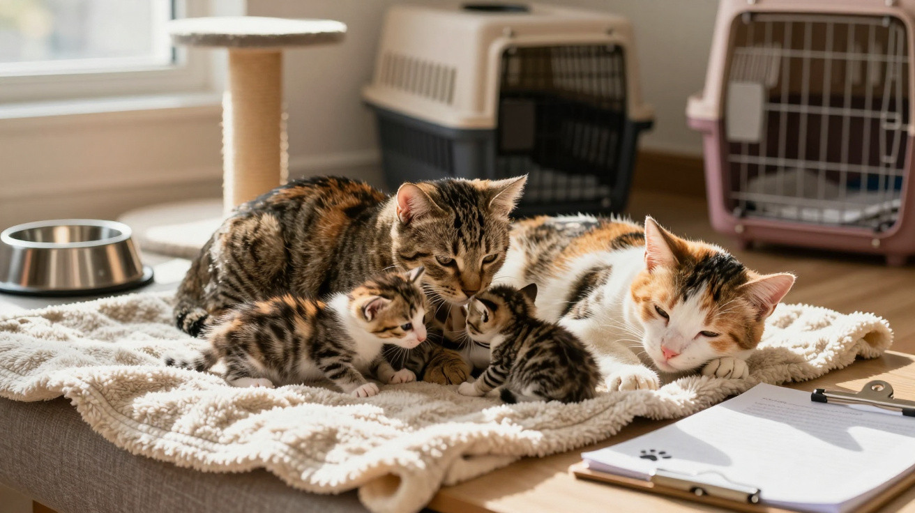 Two adult cats and three kittens resting on a blanket beside pet carriers and a clipboard on a wooden table.