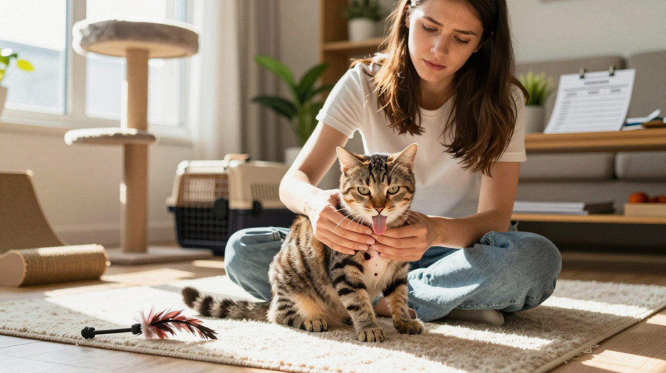 Woman sitting on a rug gently holding a tabby cat licking its nose in a sunlit living room.