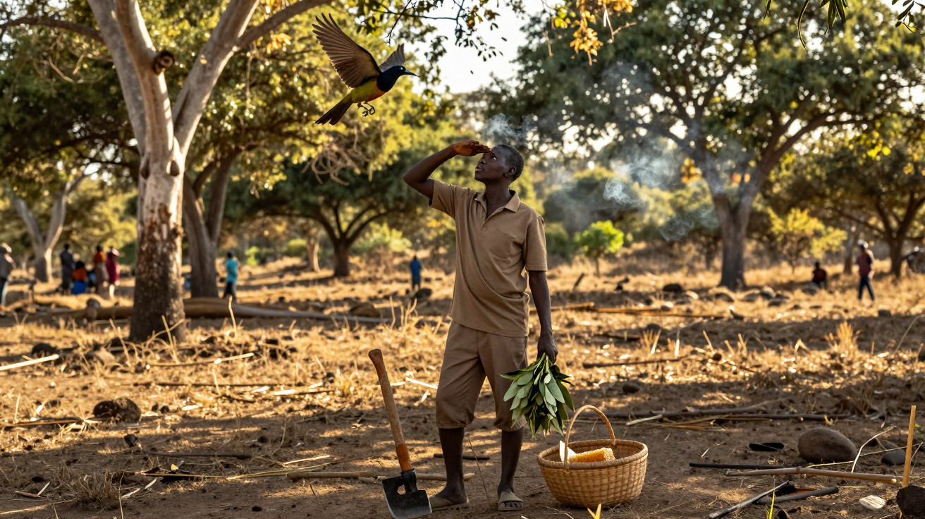 Boy shading eyes looking at bird flying in dry wooded area with a basket and spade on the ground nearby