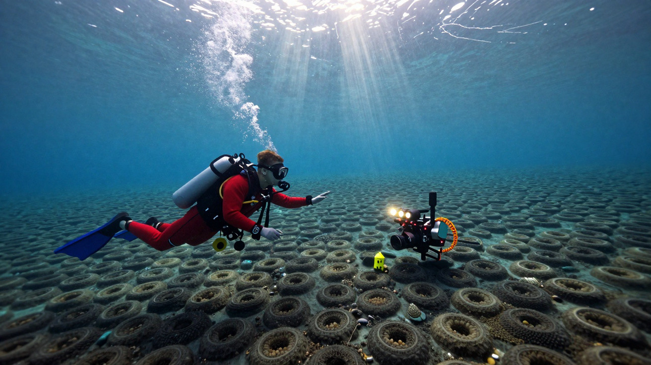 Diver with camera and lights filming underwater on a seabed covered with old tyres in clear blue water.