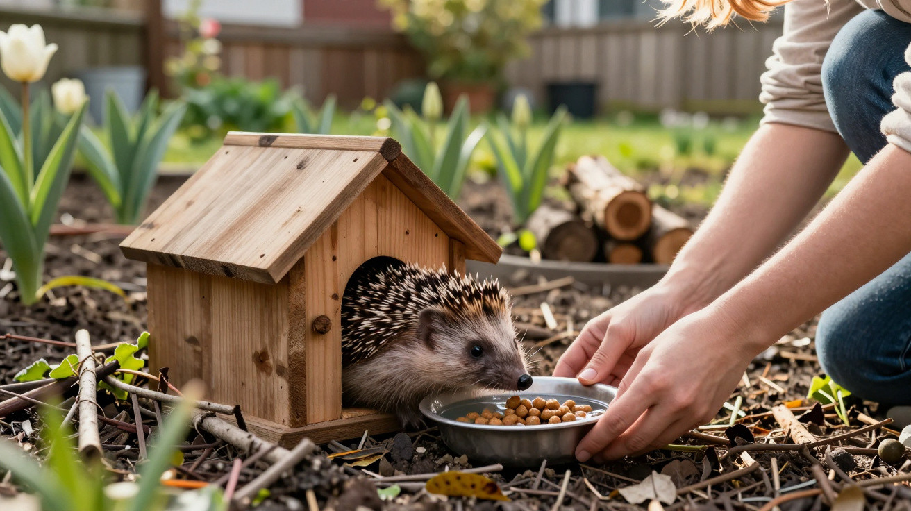A hedgehog emerging from a wooden house while a person places a bowl of food outside in a garden.