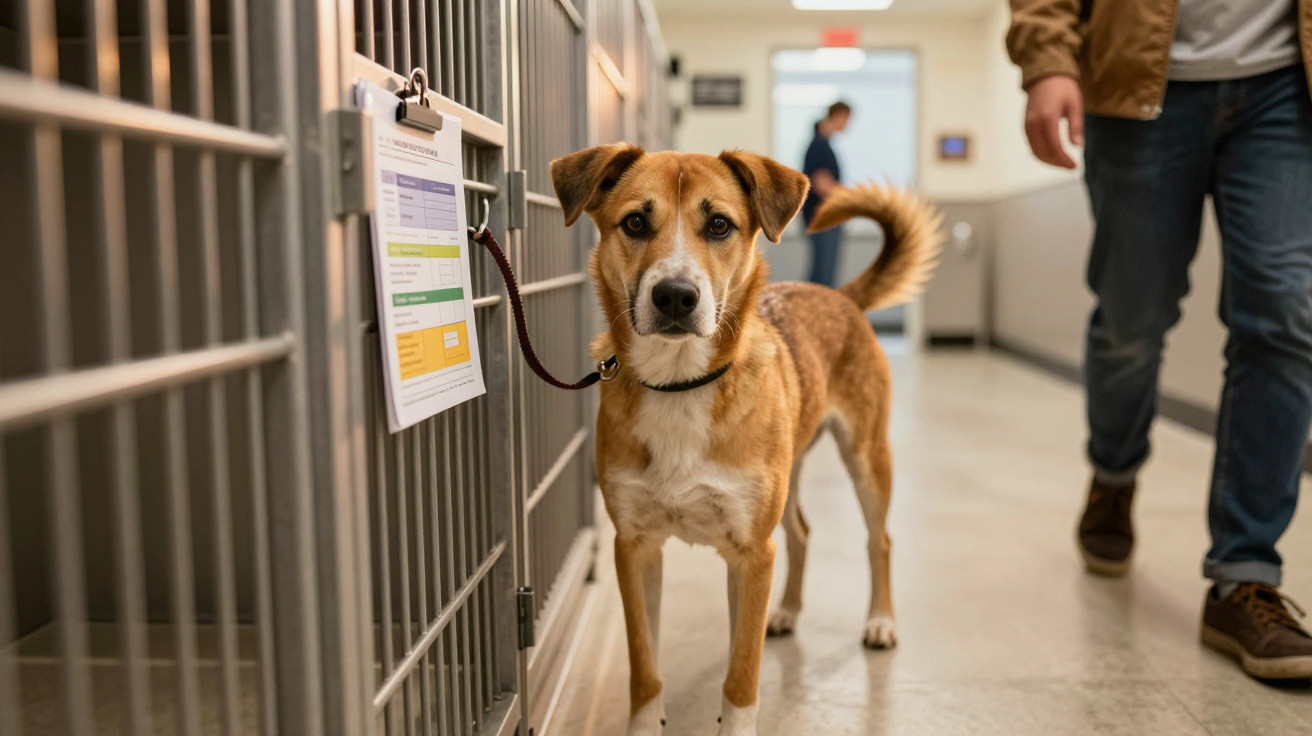 Brown and white dog tethered to kennel in animal shelter hallway, with person walking nearby