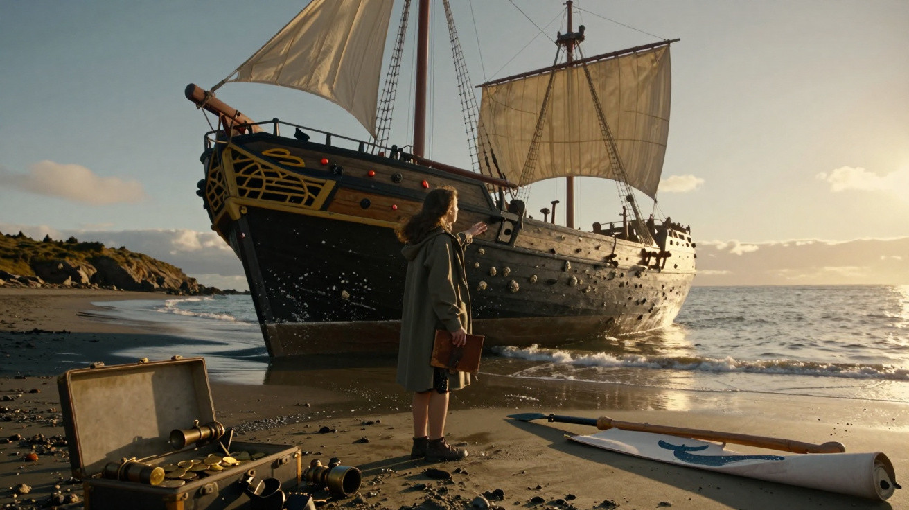 Person standing on a beach holding a book, facing a large vintage sailing ship at sunset.