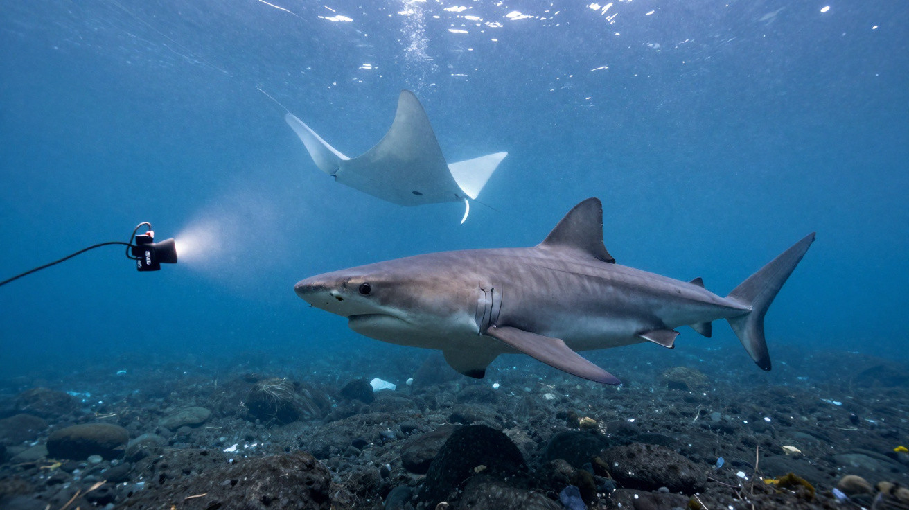 Underwater photo of a shark and a manta ray swimming near a camera with light above a rocky seabed.