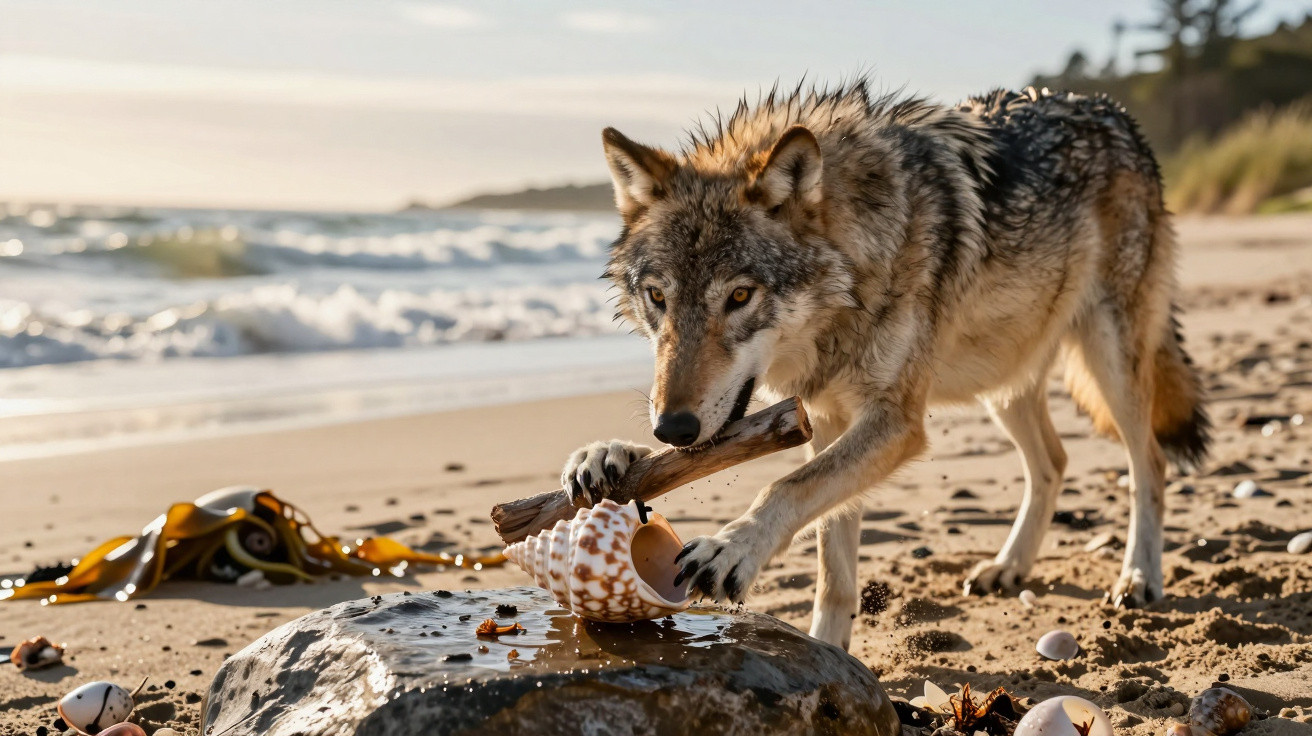 Wolf playing with a stick and a large seashell on a sandy beach near the ocean waves.