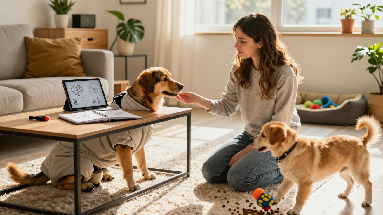 Woman kneeling on a rug feeding a dog under a table while another dog stands nearby with toys scattered around.