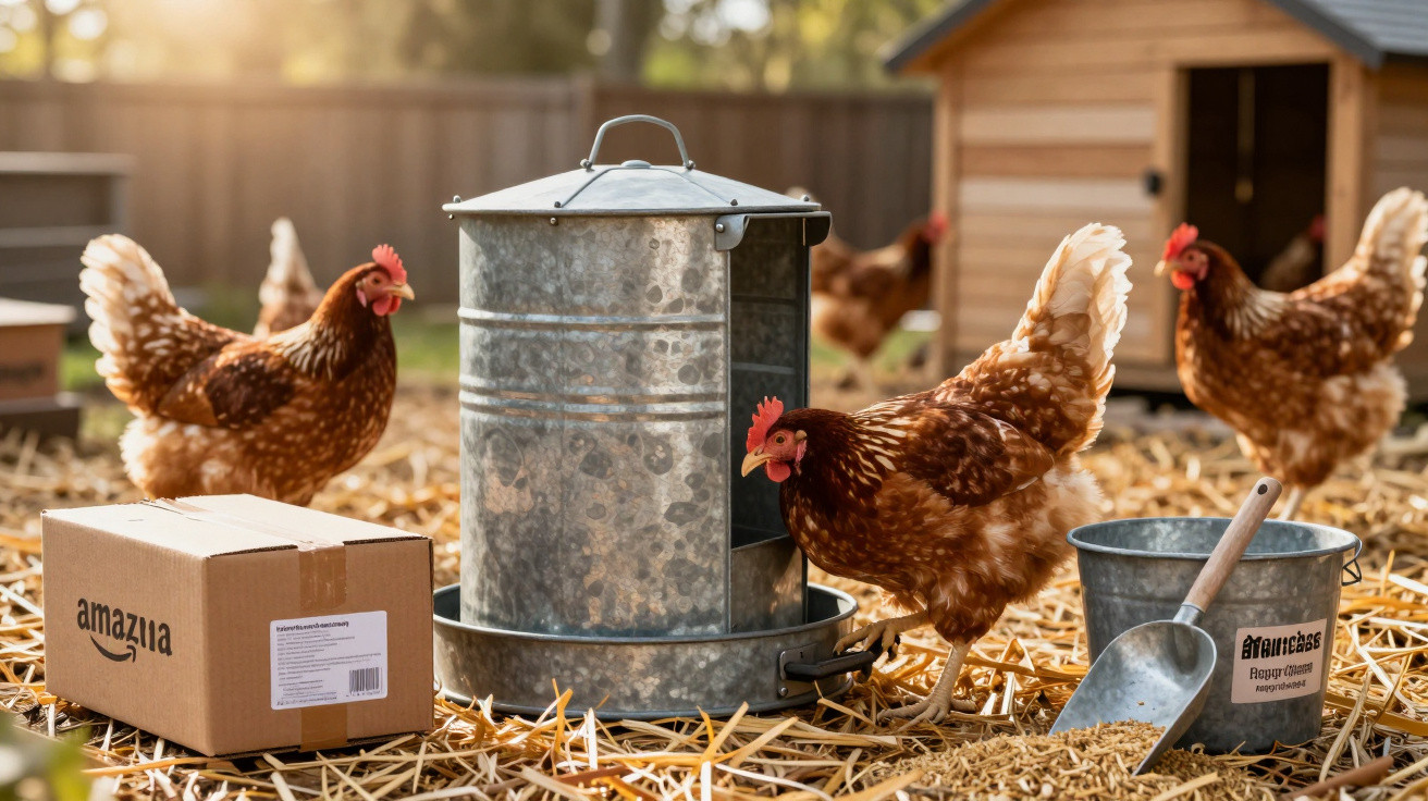 Chickens pecking feed around a metal feeder and bucket inside a fenced outdoor coop at sunset.