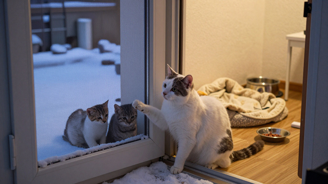 Three cats separated by a glass door, one inside reaching out to two outside in the snow.