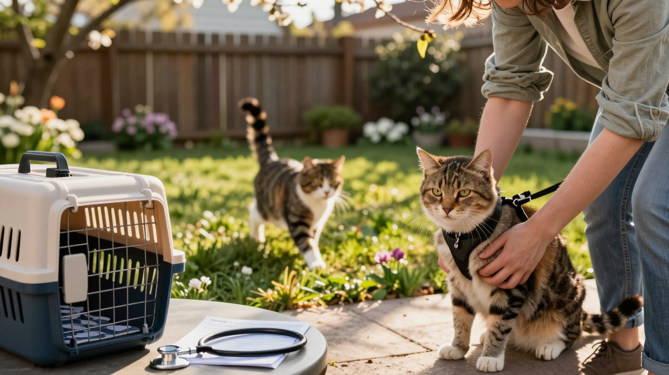 Person holding a tabby cat on a harness outdoors with another cat approaching and a pet carrier nearby.