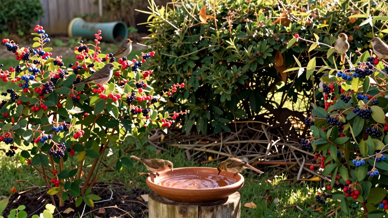 Small birds perched on berry bushes and drinking water from a shallow clay birdbath in a sunlit garden.