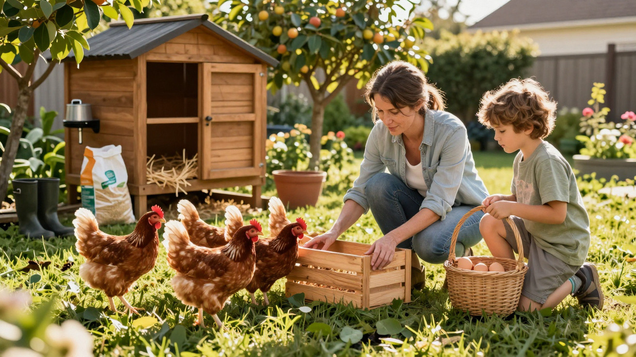 Woman and child collecting eggs from chickens in a garden near a wooden henhouse on a sunny day.