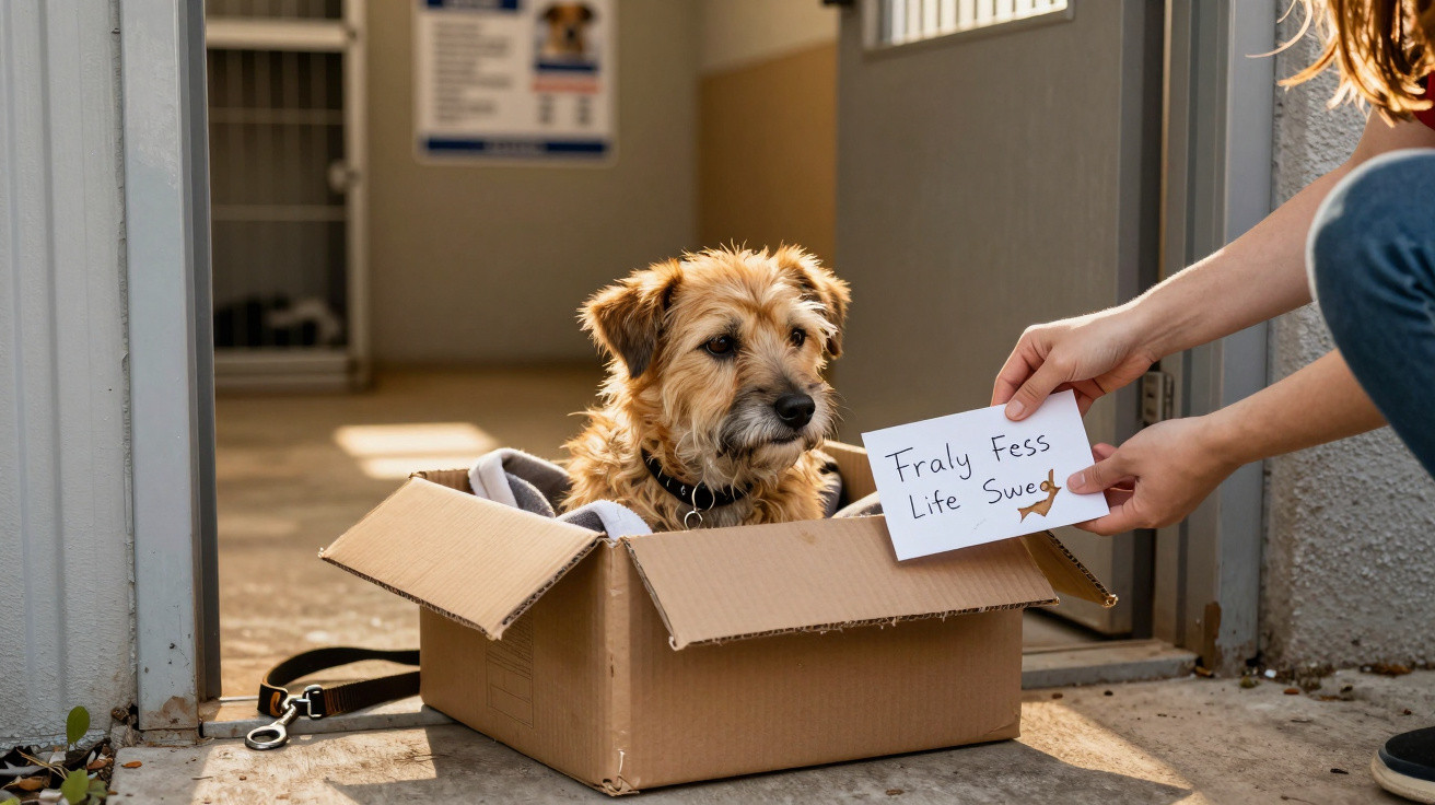 Small brown dog sitting in a cardboard box with a person holding a note outside a building.