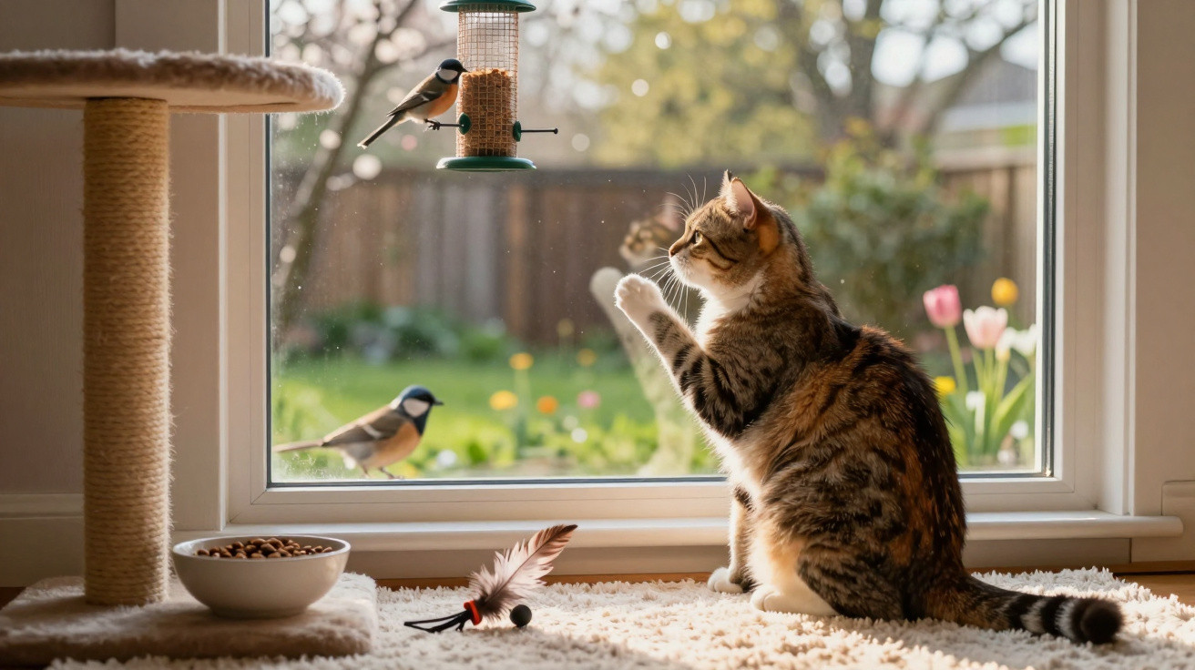 Tabby cat indoors pawing at two birds outside a window near a scratching post and toy on a carpeted floor.