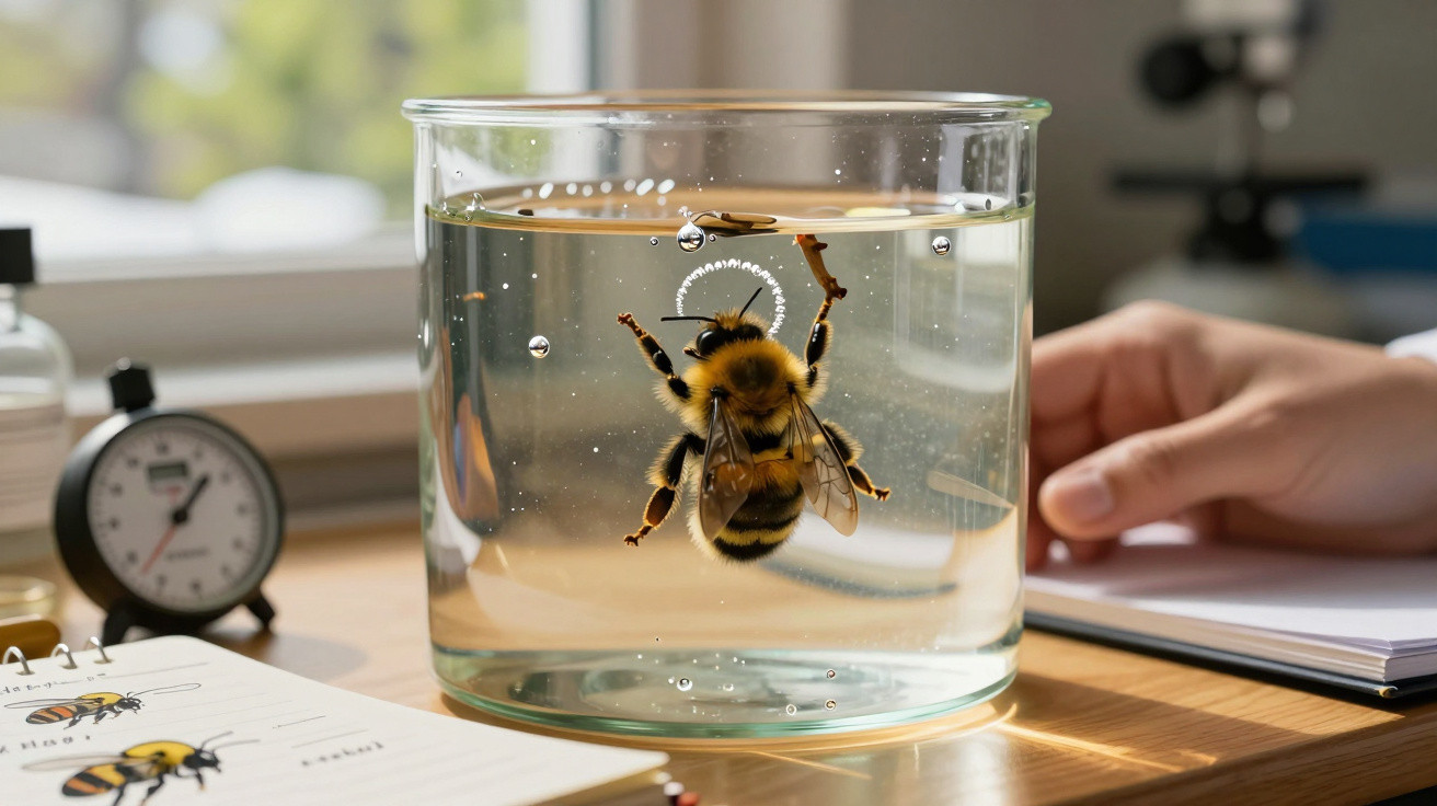A bumblebee suspended in clear liquid within a glass beaker on a wooden desk with study materials.