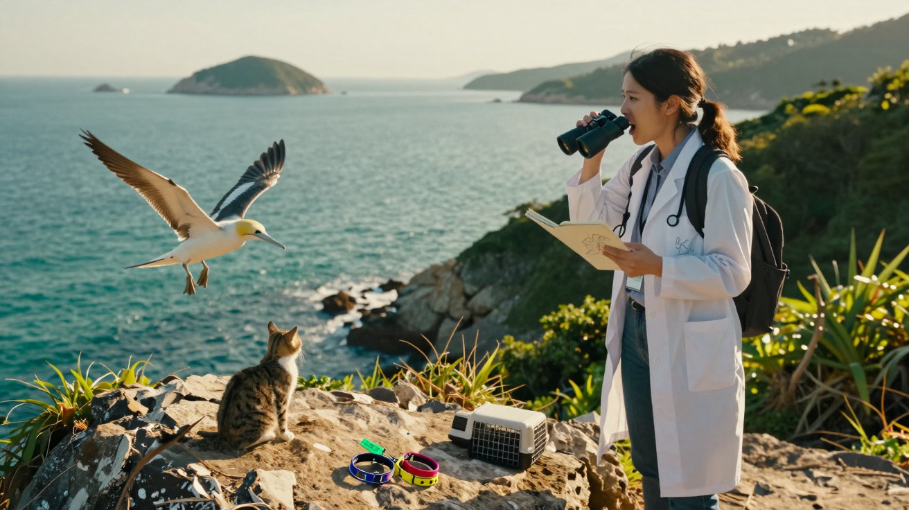 Woman in lab coat observing seagull with binoculars beside a cat and pet supplies on rocky coastline.