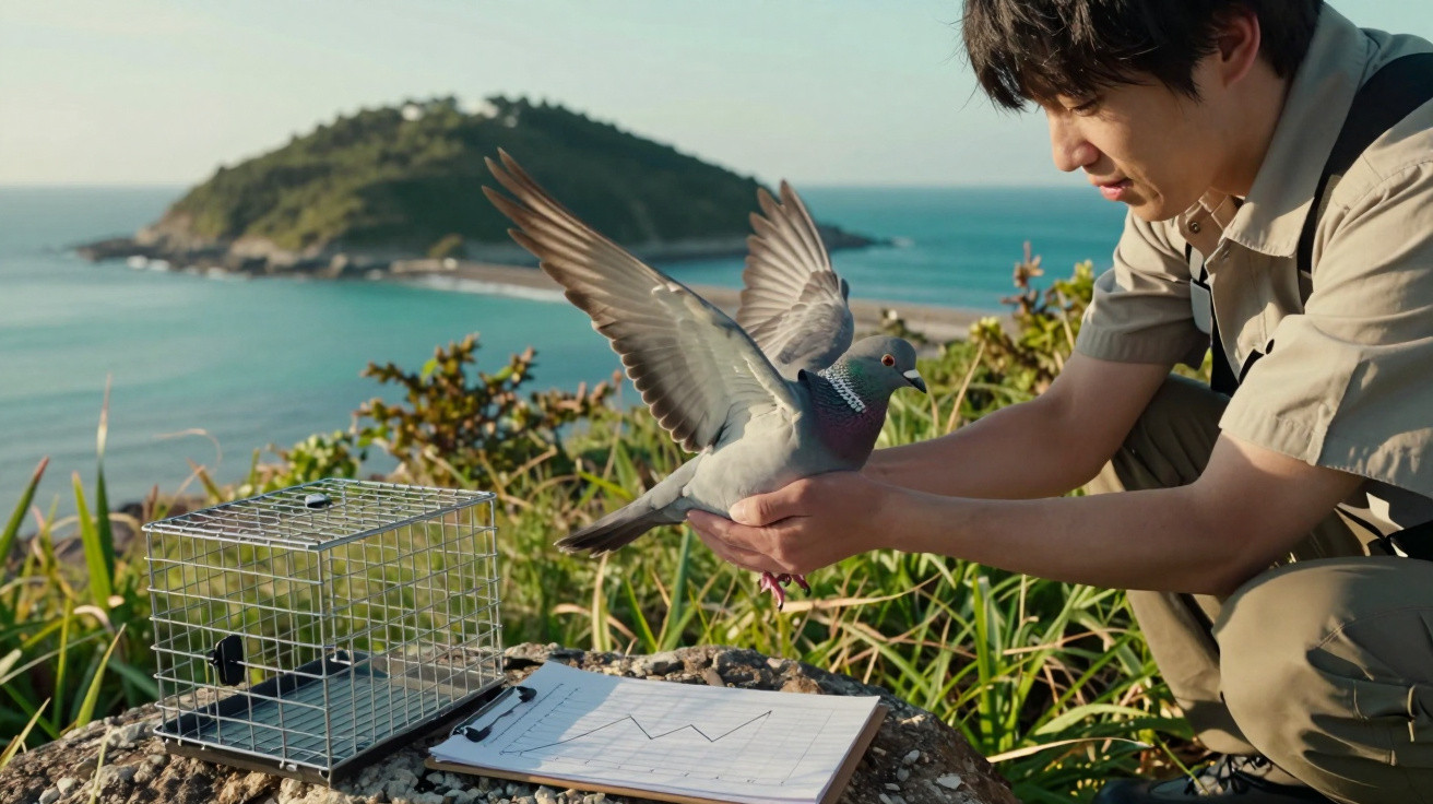 Person releasing a pigeon by the sea with a metal cage and clipboard on a rock nearby.