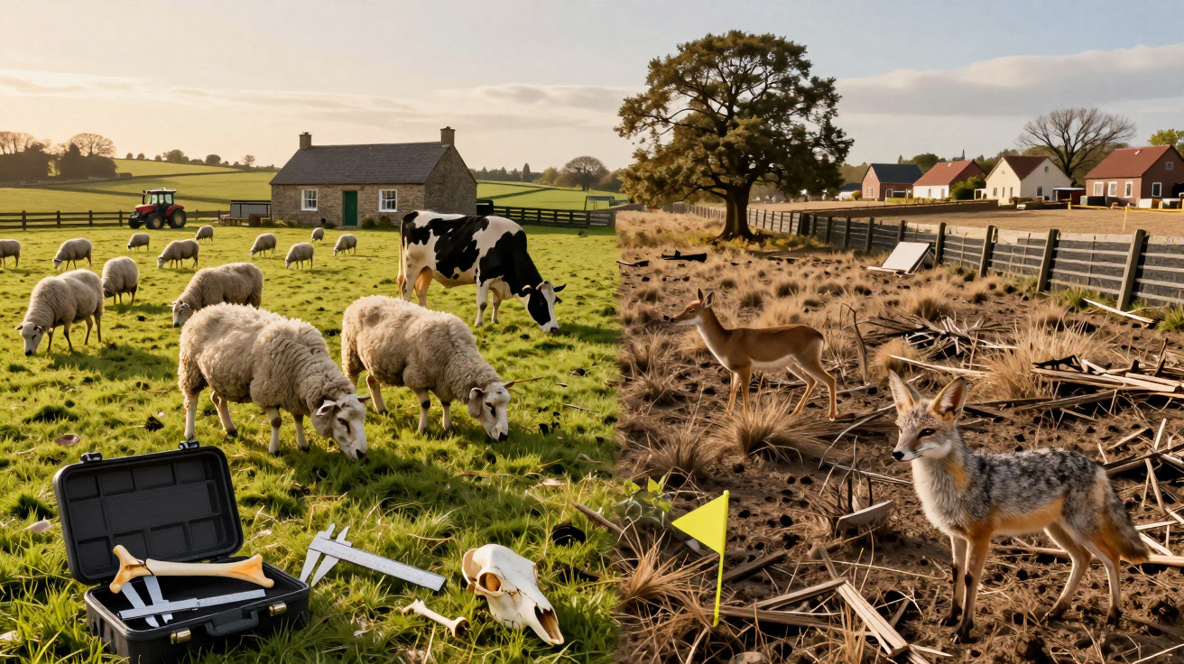 Split image of a green pasture with sheep and cow on the left and a dry landscape with a fox and a deer on the right.