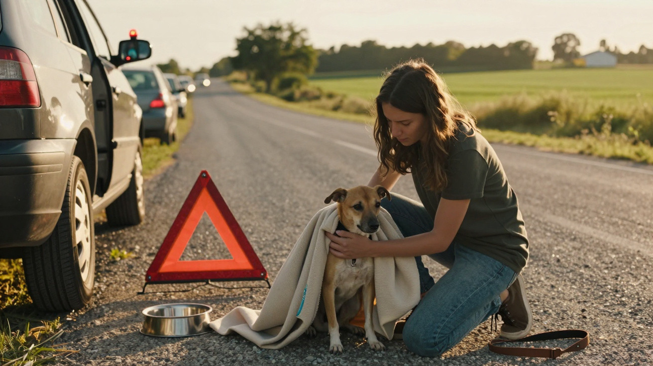 Woman kneeling on roadside covering a dog with a blanket beside a broken-down car and warning triangle.