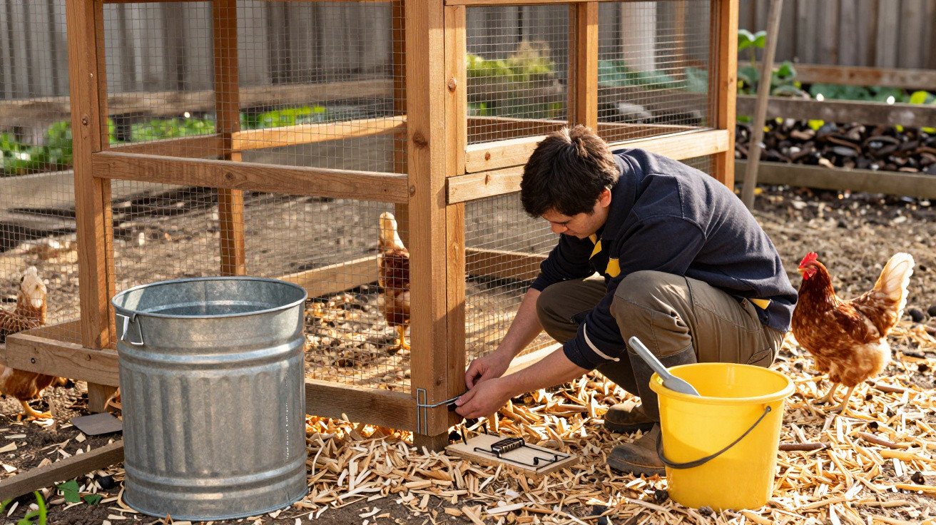 Person fixing a wooden chicken coop with chickens nearby and tools on a wood-chip covered ground.
