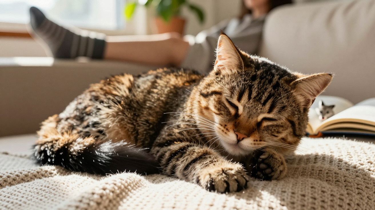 Tabby cat sleeping on a knitted blanket on a sofa with a person’s legs in the background.