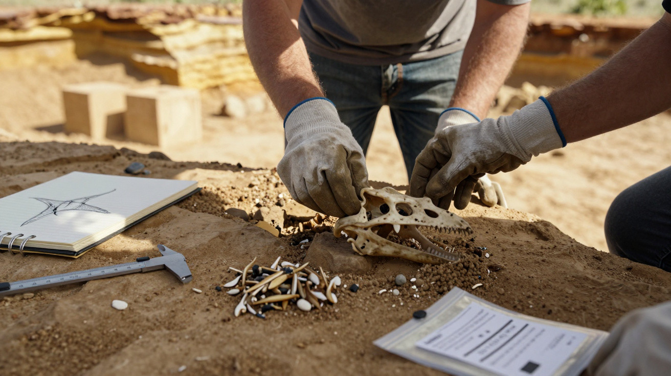 Hands in gloves carefully excavating a small dinosaur skull and bones at an archaeological dig site.